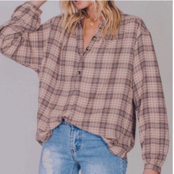 Free People Northern Bound Plaid Button Beige Brown Blouse Shirt Size XS - Picture 1 of 7